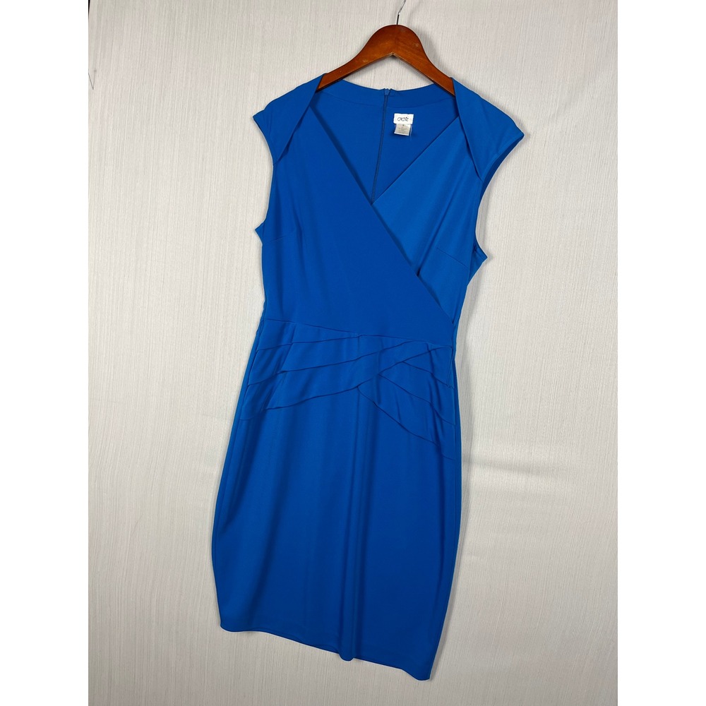 Blue Sheath Dress Sz 14 Wrap V-Neck Cap Sleeve Pleated Tiered Cocktail